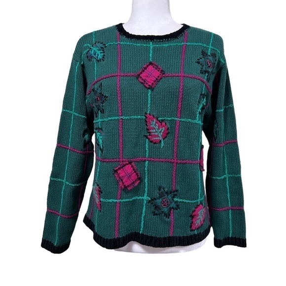 SUSAN Bristol Window Pane Patch Hand Embroidered Knitted Ramie Vintage Sweater - Picture 1 of 14